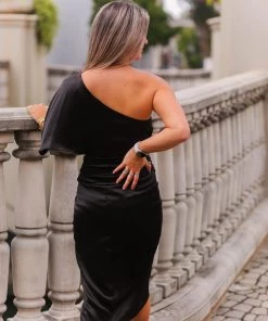 Do + Be Black Satin One Shoulder Midi Dress