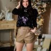 TCEC Black Sequin Puff Sleeve Top Women's Clothing