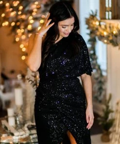 Do + Be Women's Clothing Black Sequin One Shoulder Midi Dress