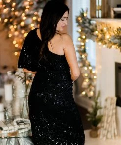 Do + Be Women's Clothing Black Sequin One Shoulder Midi Dress
