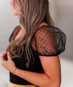 Peach Love California Women's Clothing Black Sheer Puff Sleeve Bodysuit