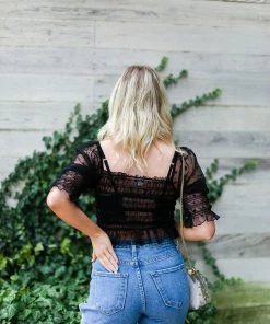 Le Lis Women's Clothing Black Sheer Star Patterned Puff Sleeve Smocked Top