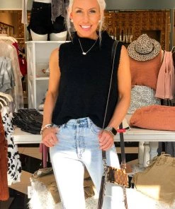 She & Sky Black Sherpa Sleeveless Turtleneck Top Women's Clothing