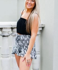 HYFVE Women's Clothing Black Snakeskin Ruffle Tie Shorts