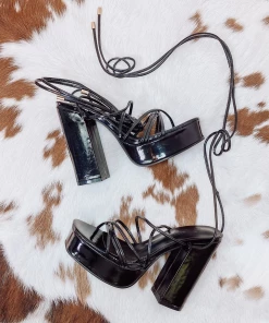 Mata New Arrivals Black Strappy Lace Up Platform Heels