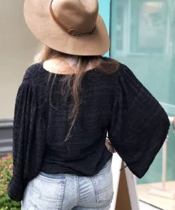 Entro Women's Clothing Black Balloon Sleeve Textured Top