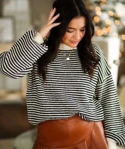 HYFVE Women's Clothing Black And Cream Stripped Sweater