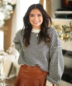 HYFVE Women's Clothing Black And Cream Stripped Sweater