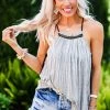 Hem & Thread Black And White Beaded High Neck Tank Top