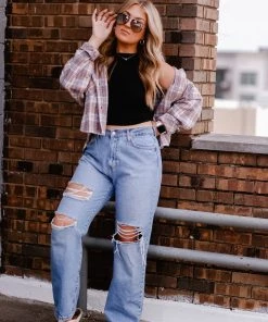 Time After Time Women's Clothing Blue And Pink Plaid Button Down Flannel