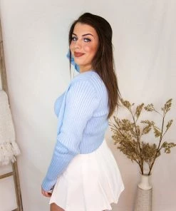 Le Lis Blue Bell Cropped Ribbed Knit Cardigan