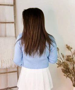 Le Lis Blue Bell Cropped Ribbed Knit Cardigan