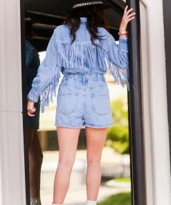 Le Lis Blue Denim Fringe Romper Women's Clothing