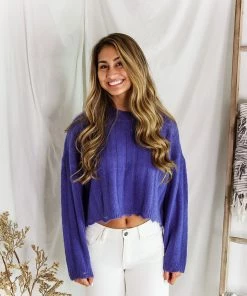 HYFVE Women's Clothing Blue Distressed Hem Ribbed Sweater