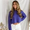 HYFVE Women's Clothing Blue Distressed Hem Ribbed Sweater