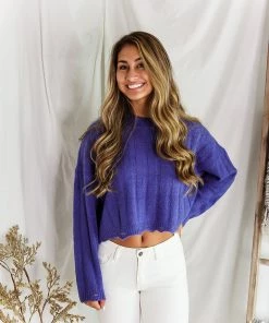 HYFVE Women's Clothing Blue Distressed Hem Ribbed Sweater