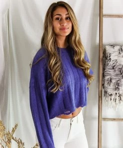 HYFVE Women's Clothing Blue Distressed Hem Ribbed Sweater