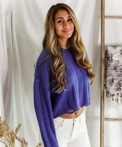 HYFVE Women's Clothing Blue Distressed Hem Ribbed Sweater