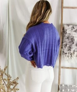 HYFVE Women's Clothing Blue Distressed Hem Ribbed Sweater