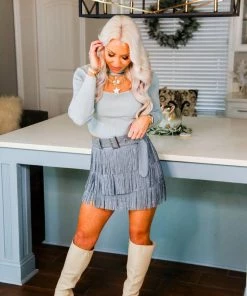 Nylon Apparel Metallic Belted Fringe Skirt - Blue