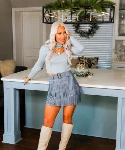 Nylon Apparel Metallic Belted Fringe Skirt - Blue