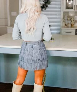 Nylon Apparel Metallic Belted Fringe Skirt - Blue