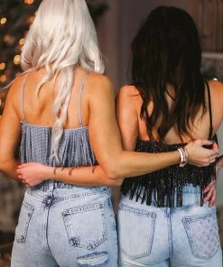 Nylon Apparel Women's Clothing Black Metallic Fringe Crop Top