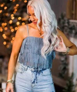 Nylon Apparel Blue Metallic Fringe Crop Top