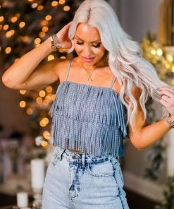 Nylon Apparel Blue Metallic Fringe Crop Top