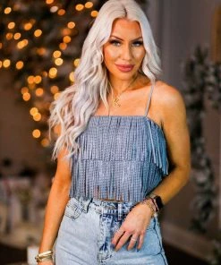 Nylon Apparel Blue Metallic Fringe Crop Top