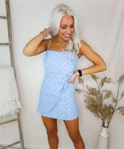 Blue Blush Blue Polka Dot Wrap Mini Dress