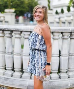 She & Sky Blue Snake Skin Strapless Romper Women's Clothing