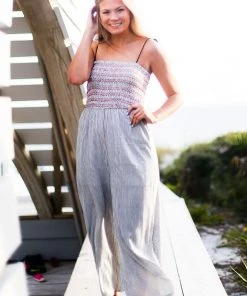 Hem & Thread Women's Clothing Blue Striped Smocked Jumpsuit