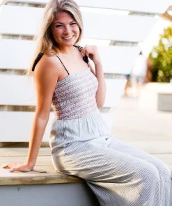 Hem & Thread Women's Clothing Blue Striped Smocked Jumpsuit