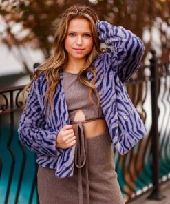 Le Lis Blue Zebra Faux Fur Pea Coat Women's Clothing