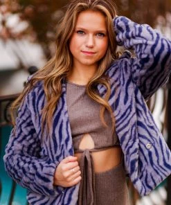 Le Lis Blue Zebra Faux Fur Pea Coat Women's Clothing