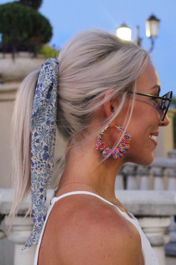 Golden Stella Blue Floral Hair Scarf Scrunchie 3 Golden Stella Blue Floral Hair Scarf Scrunchie