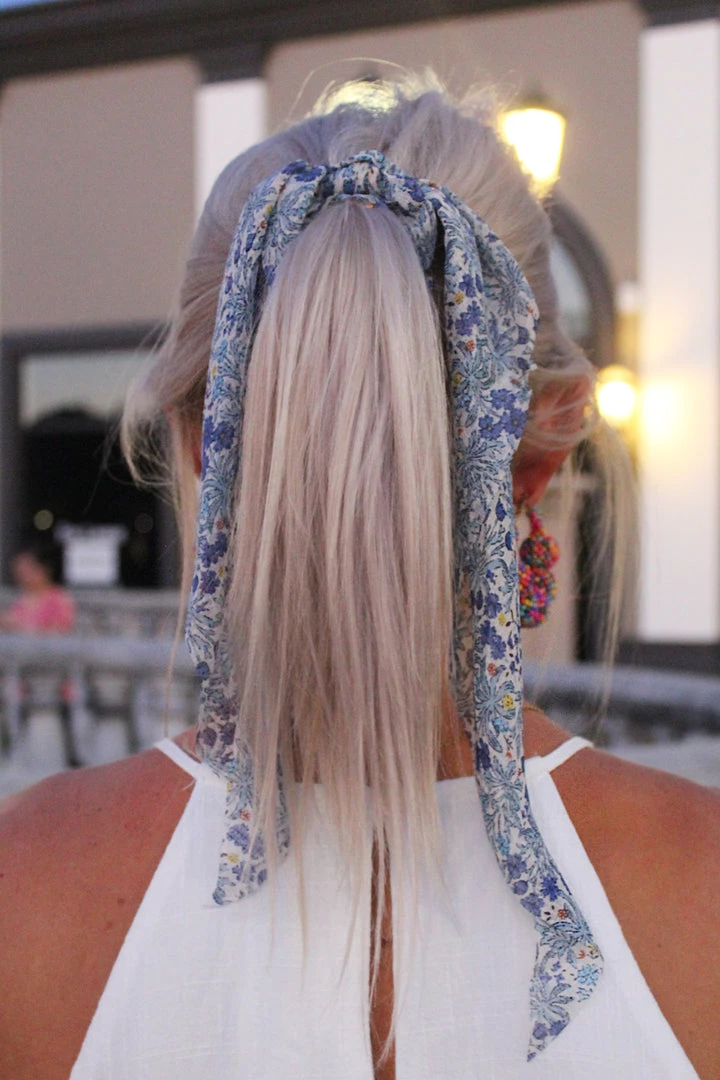 Golden Stella Blue Floral Hair Scarf Scrunchie 4 Golden Stella Blue Floral Hair Scarf Scrunchie