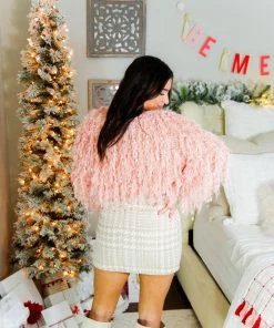 HYFVE Pink Fringe Knit Cropped Sweater Women's Clothing