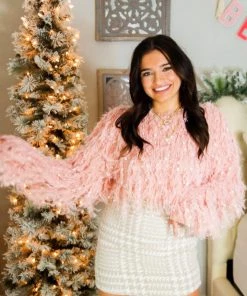 HYFVE Pink Fringe Knit Cropped Sweater Women's Clothing