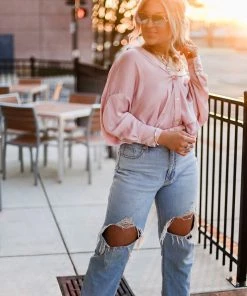 HYFVE Blush Pink Long Sleeve Button Down Blouse Women's Clothing