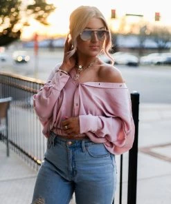 HYFVE Blush Pink Long Sleeve Button Down Blouse Women's Clothing