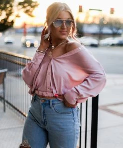 HYFVE Blush Pink Long Sleeve Button Down Blouse Women's Clothing