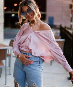 HYFVE Blush Pink Long Sleeve Button Down Blouse Women's Clothing