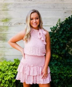 TCEC Blush Pink Smocked Ruffle Mock Neck Dress