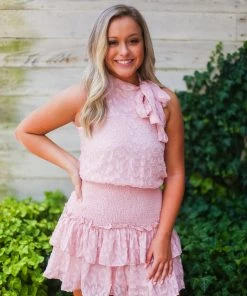 TCEC Blush Pink Smocked Ruffle Mock Neck Dress