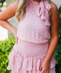 TCEC Blush Pink Smocked Ruffle Mock Neck Dress