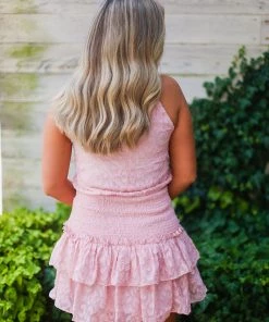 TCEC Blush Pink Smocked Ruffle Mock Neck Dress