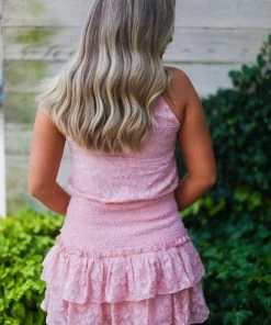 TCEC Blush Pink Smocked Ruffle Mock Neck Dress
