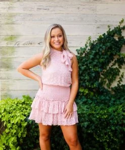 TCEC Blush Pink Smocked Ruffle Mock Neck Dress